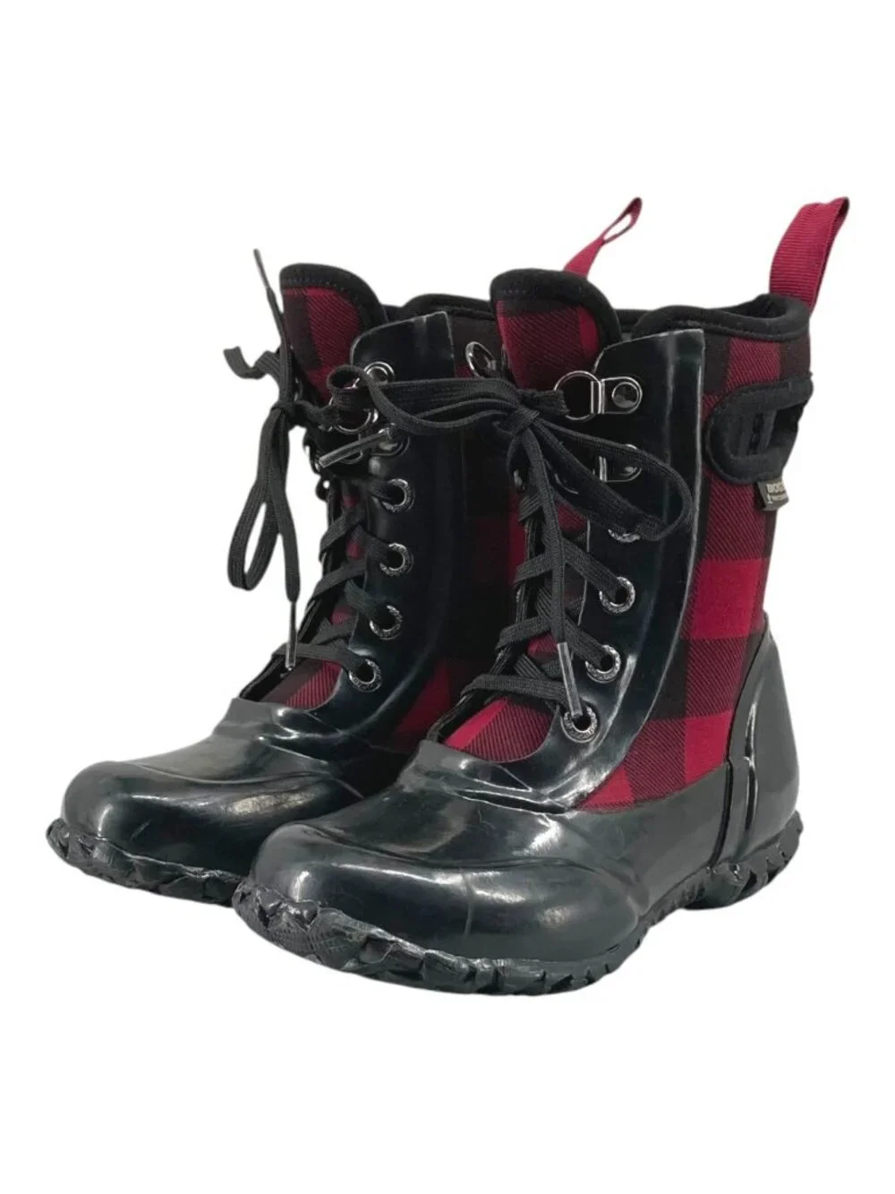 Bogs Sidney Kids Buffalo Plaid Waterproof Boots 10 Rain Rubber Black Red Lace Up
